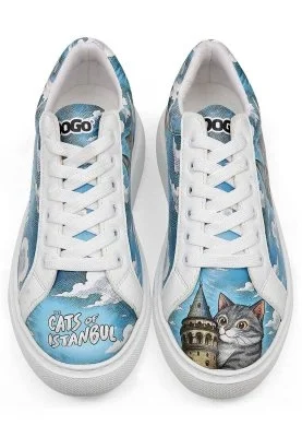 Dogo - Femme Cuir Vegan Blanc Baskets - Galata Cat Motif
