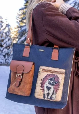 Dogo - Femme Cuir Vegan Bleu Foncé Sac d'épaule - Heart Cat Motif
