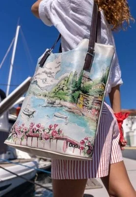 Dogo - Femme Cuir Vegan Bleu Sac d'épaule - Lago di Como Motif