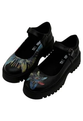 Dogo - Femme Cuir Vegan Noir Mary Jane Mocassins - Passion Flower Motif