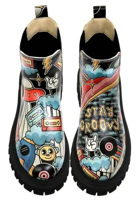 Dogo - Femme Cuir Vegan Noir Bottes Longues - Stay Groovy Motif
