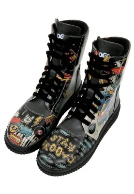 Dogo - Femme Cuir Vegan Noir Bottes Longues - Stay Groovy Motif
