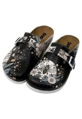 Dogo - Femme Cuir Vegan Noir Chaussons - Bee with Flowers Motif