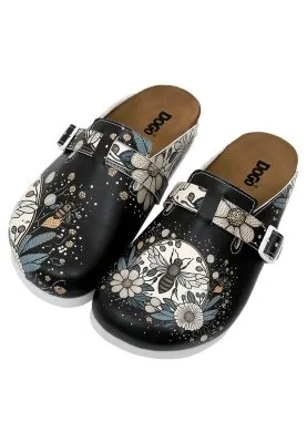 Dogo - Femme Cuir Vegan Noir Chaussons - Bee with Flowers Motif