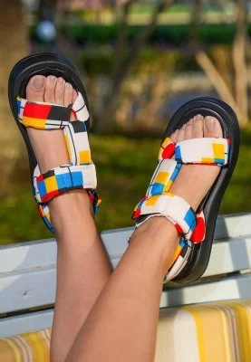 Dogo - Femme Cuir Vegan Multicolore Sandales Compensées - Bauhaus Birdie Motif