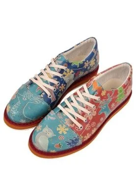 Dogo - Femme Cuir Vegan Turquoise Baskets - Owl Deer Fox Motif