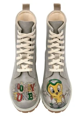 Dogo - Kadın Vegan Deri Gri Uzun Bot - Warner Bros Tweety Looney Tunes Ski Club Tasarım