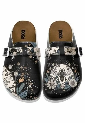 Dogo - Kadın Vegan Deri Siyah Terlik - Bee with Flowers Tasarım (1)