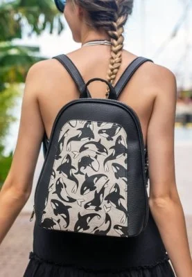 Dogo - Women Vegan Leather Black Backpack - Flowing Orca Design