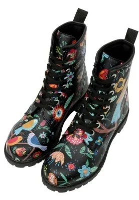 Dogo - Women Vegan Leather Black Long Boots - Flowers & Birds Design