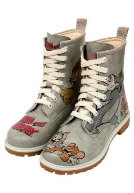 Dogo - Women Vegan Leather Grey Long Boots - Warner Bros Looney Tunes Tom ve Jerry Tiny Trouble Design