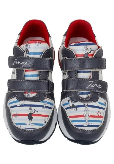 Unisex Çocuk Vegan Deri Cırt Cırtlı Lacivert Sneakers - Warner Bros Marine Tunes Looney Tunes Tasarım - 