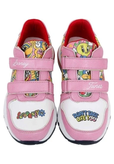 Unisex Çocuk Vegan Deri Cırt Cırtlı Pembe Sneakers - Warner Bros Seriously Looney Tunes Tasarım - 