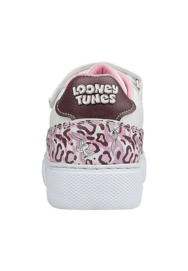 Unisex Çocuk Vegan Deri Cırt Cırtlı Beyaz Sneakers - Warner Bros Looney Tunes B for Bugs Bunny Tasarım - 