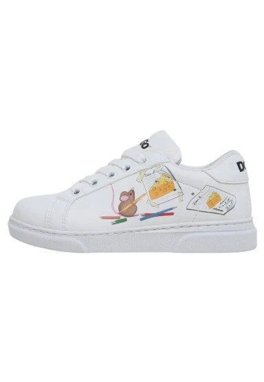 Unisex Çocuk Vegan Deri Beyaz Sneakers - Mission Cheese Possible Tasarım - 