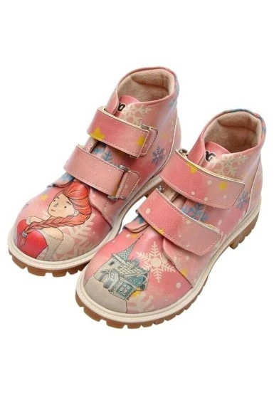 Çocuk Vegan Deri Pembe Günlük Bot - Fire Girl on Snow Tasarım - 