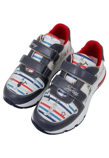 Unisex Enfants Cuir Vegan Baskets à Scratchs Bleu Foncé - Warner Bros Marine Tunes Looney Tunes Motif - 