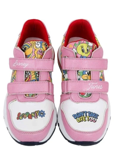 Unisex Enfants Cuir Vegan Baskets à Scratchs Rose - Warner Bros Seriously Looney Tunes Motif - 
