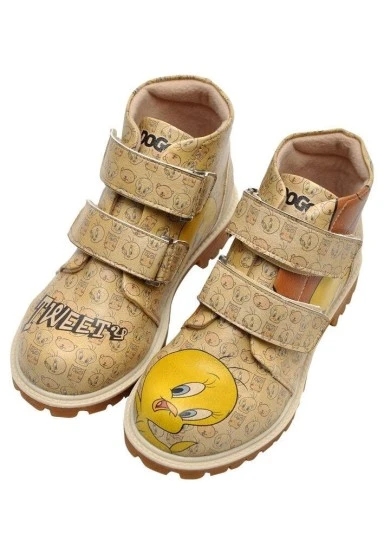 Enfants Cuir Vegan Jaune Bottes - Warner Bros Tweety Moods Motif - 
