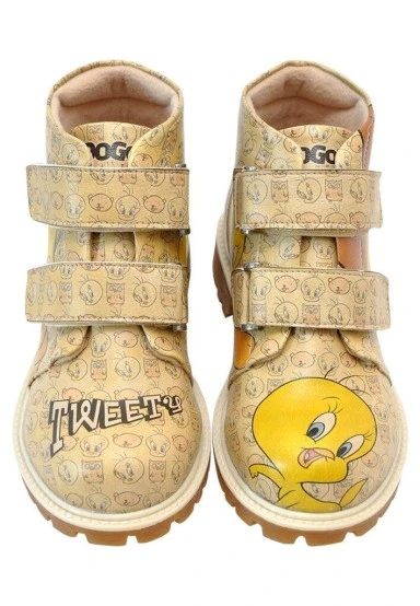 Enfants Cuir Vegan Jaune Bottes - Warner Bros Tweety Moods Motif - 