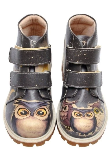 Enfants Cuir Vegan Noir Bottes - Owls Family Motif - 