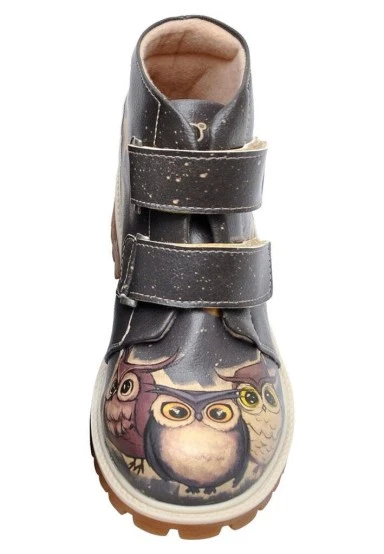 Enfants Cuir Vegan Noir Bottes - Owls Family Motif - 