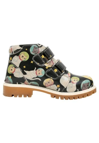 Enfants Cuir Vegan Noir Bottes - Cats of Space Motif - 