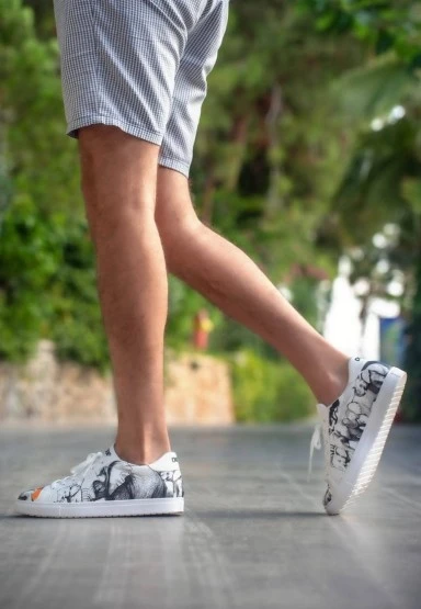Erkek Vegan Deri Beyaz Sneakers - Sunset Animals Tasarım - 
