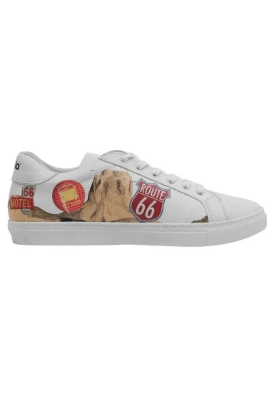 Erkek Vegan Deri Beyaz Sneakers - Route 66 Tasarım - 