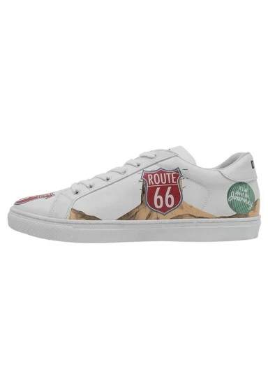 Erkek Vegan Deri Beyaz Sneakers - Route 66 Tasarım - 