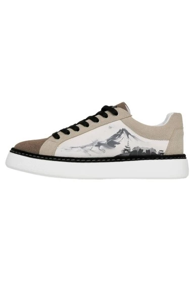 Erkek Vegan Deri Beyaz Sneakers - Japanese in Red Tasarım - 