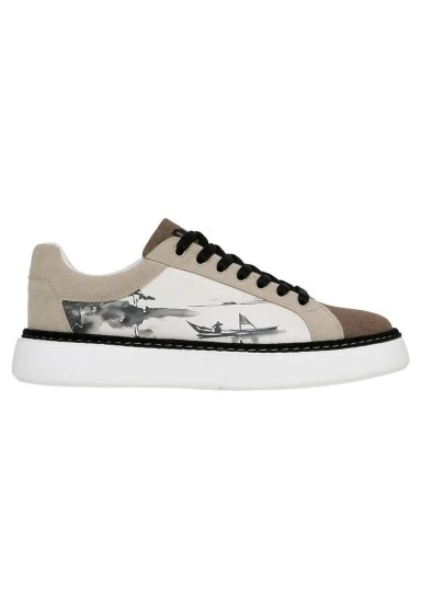 Erkek Vegan Deri Beyaz Sneakers - Japanese in Red Tasarım - 