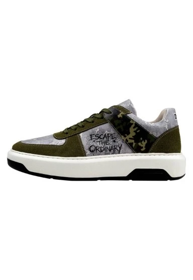 Erkek Vegan Deri Gri Sneakers - Ordinary Camo Tasarım - 