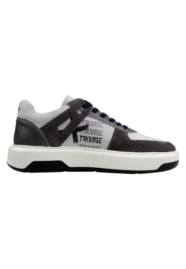 Erkek Vegan Deri Gri Sneakers - Trouble Tasarım - 