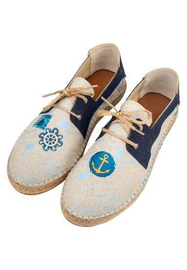 Erkek Vegan Mavi Bağcıklı Espadril - Patches Tasarım - 