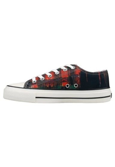 Erkek Vegan Siyah Sneakers - Japanese Skull Tasarım - 
