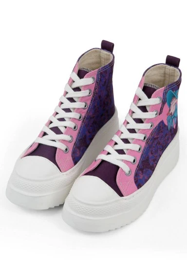 Femme Vegan Multicolore Baskets Montantes à Plateforme - Lady Fluff Motif - 
