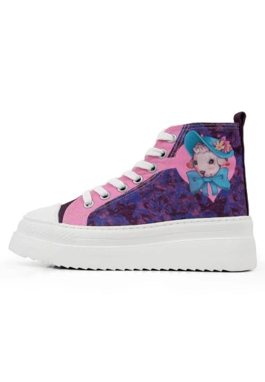 Femme Vegan Multicolore Baskets Montantes à Plateforme - Lady Fluff Motif - 
