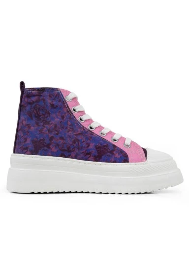 Femme Vegan Multicolore Baskets Montantes à Plateforme - Lady Fluff Motif - 