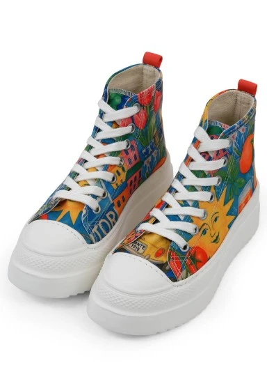 Femme Vegan Multicolore Baskets Montantes à Plateforme - Summer of Santorini Motif - 