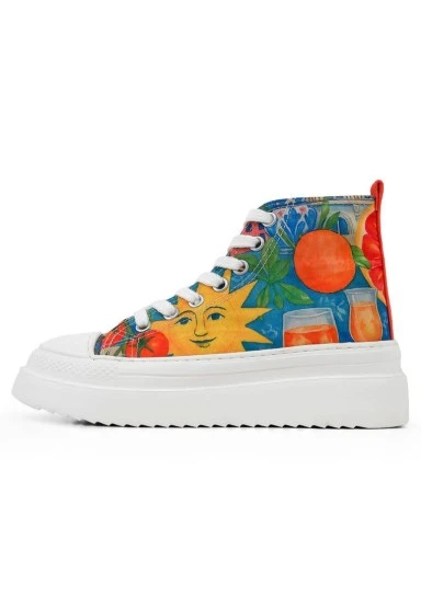 Femme Vegan Multicolore Baskets Montantes à Plateforme - Summer of Santorini Motif - 