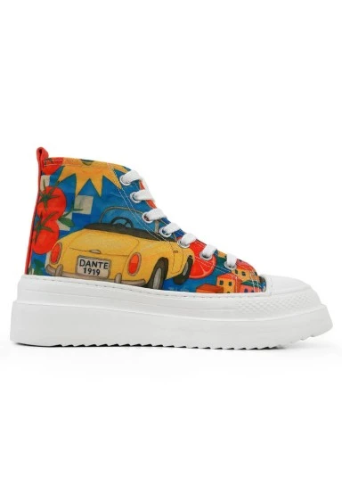 Femme Vegan Multicolore Baskets Montantes à Plateforme - Summer of Santorini Motif - 