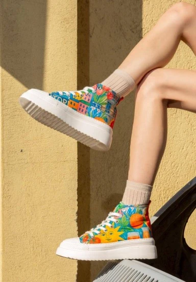 Femme Vegan Multicolore Baskets Montantes à Plateforme - Summer of Santorini Motif - 
