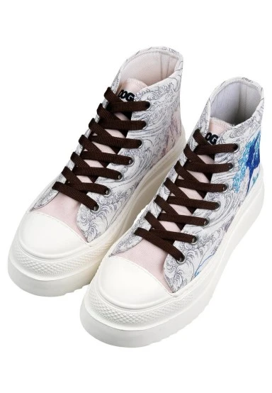 Femme Vegan Beige Baskets Montantes à Plateforme - Japanese Waves Motif - 