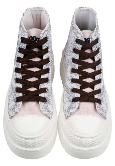 Femme Vegan Beige Baskets Montantes à Plateforme - Japanese Waves Motif - 