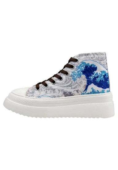 Femme Vegan Beige Baskets Montantes à Plateforme - Japanese Waves Motif - 