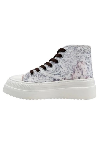 Femme Vegan Beige Baskets Montantes à Plateforme - Japanese Waves Motif - 