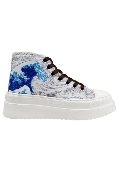 Femme Vegan Beige Baskets Montantes à Plateforme - Japanese Waves Motif - 