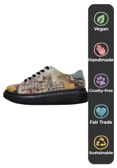 Femme Cuir Vegan Beige Baskets - Take a Walk Motif - 