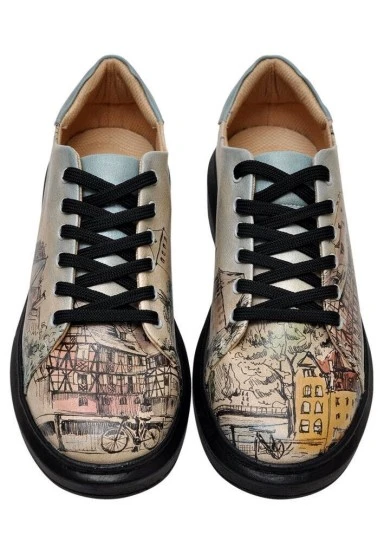 Femme Cuir Vegan Beige Baskets - Take a Walk Motif - 